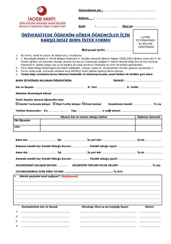 Üniversitede Öğrenim Gören Öğrenciler İçin Karşılıksız Burs İstek Formu